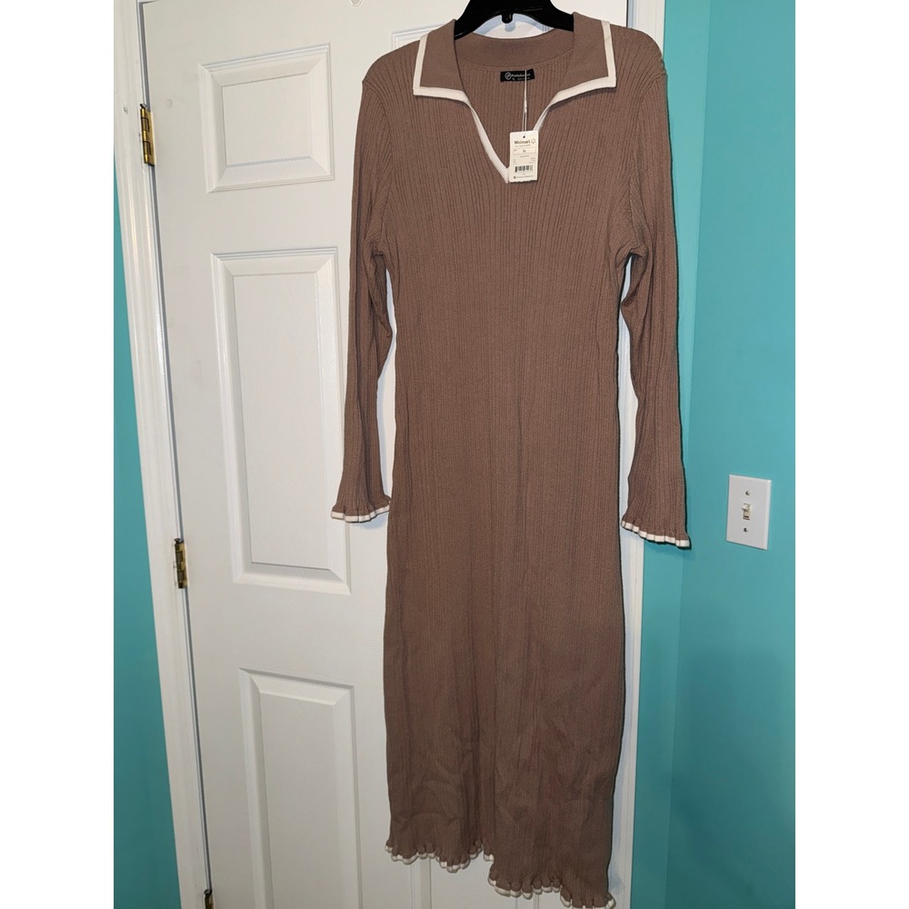 PrettyGarden Brown Ribbed Knit Polo Midi Sweater Dress XL‎ Long Sleeve